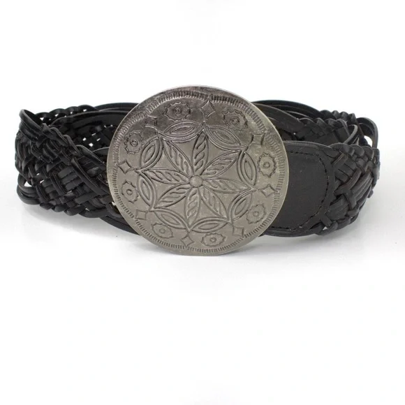 New York & Co Braided Brown Leather Belt Silver Medallion Buckle - Picture 1 of 14